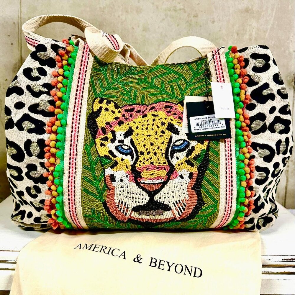 NWT America & Beyond Forestry Leopard Embellished LARGE Tote - Picture 2 of 10